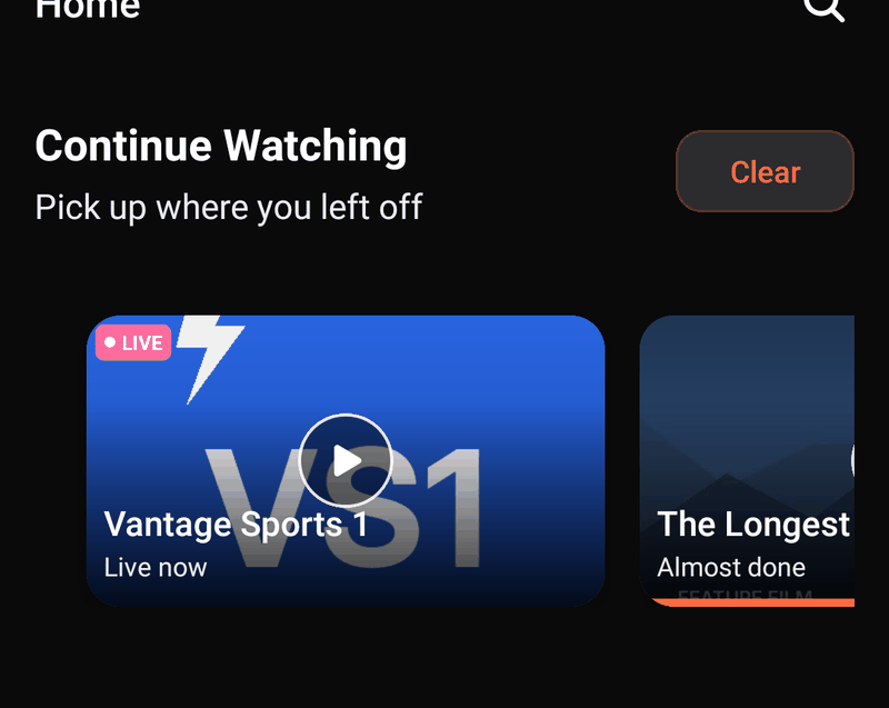 Continue Watching row on the Streamora home screen
