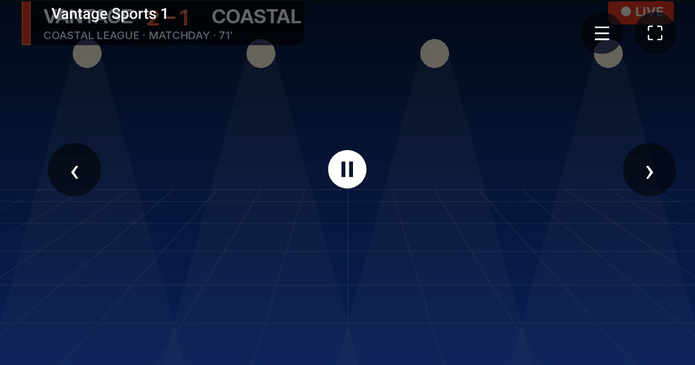 Full-screen live playback with a channel name overlay and a live badge