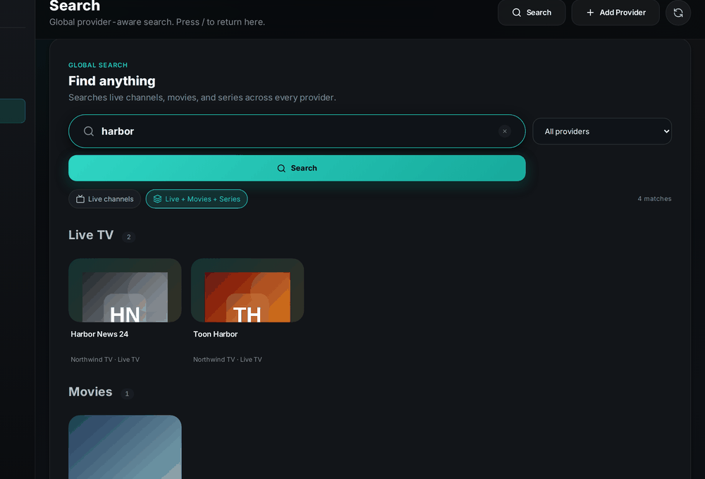 Global search on Mac returning live channels, movies and series