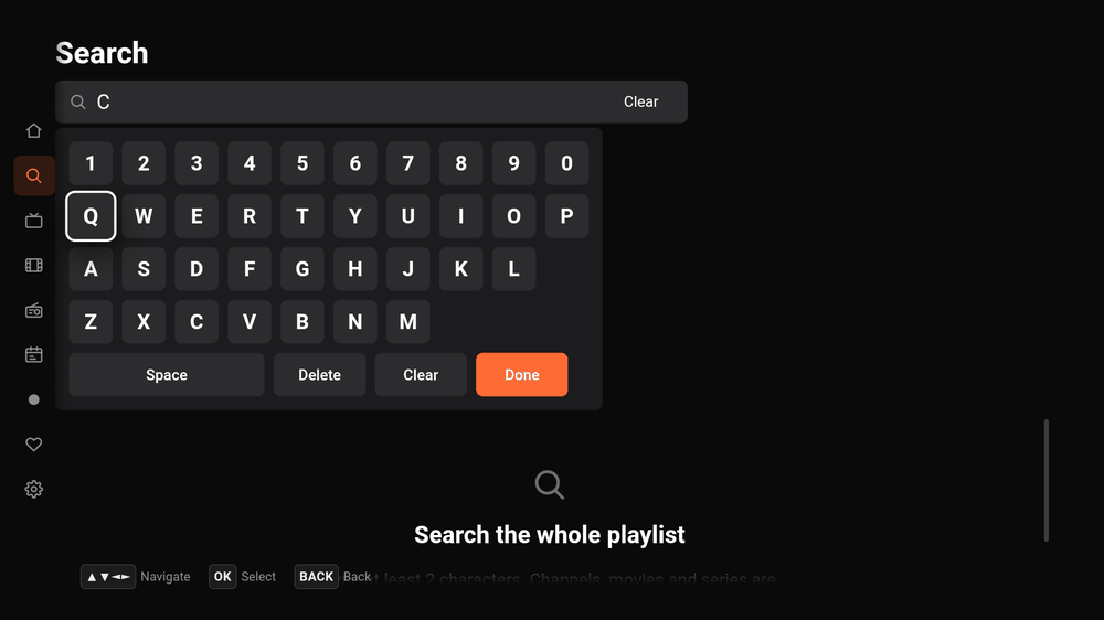 Streamora search on Android TV with an on-screen keyboard