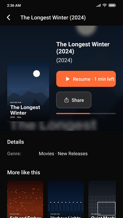 Streamora on iPhone showing a movie details page with a Resume button