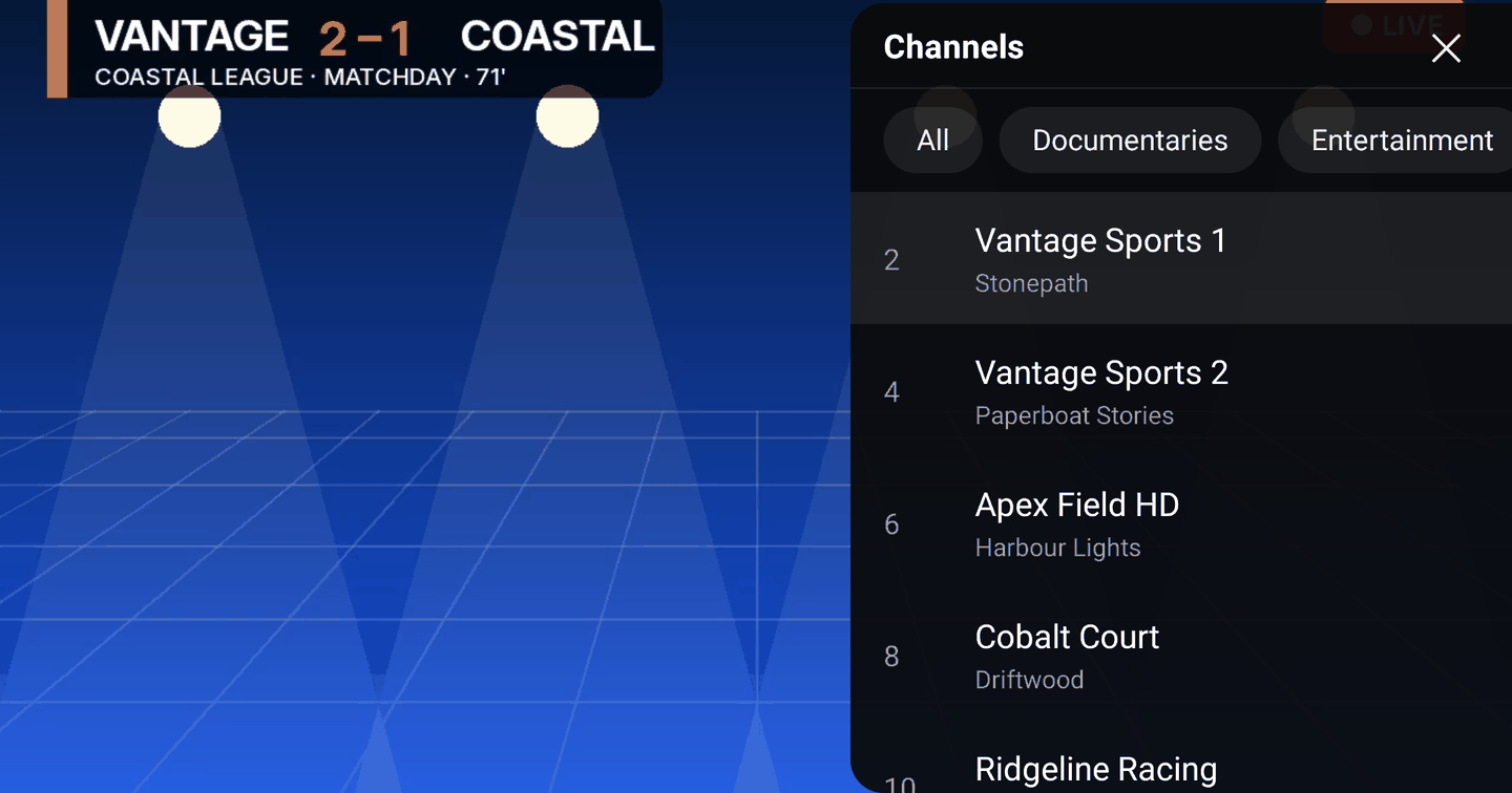 Streamora live player on a TV, with a channel drawer open beside a live football stream