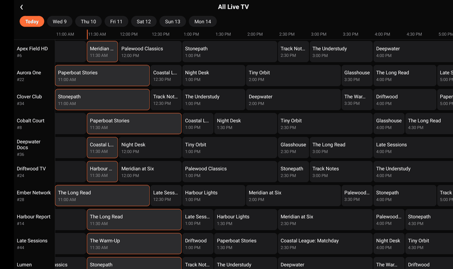Streamora TV guide on an Android tablet